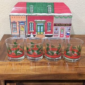 Set of 4 Vintage Libbey Ribbons and Holly Berry Low Ball Lowball Rock Glasses